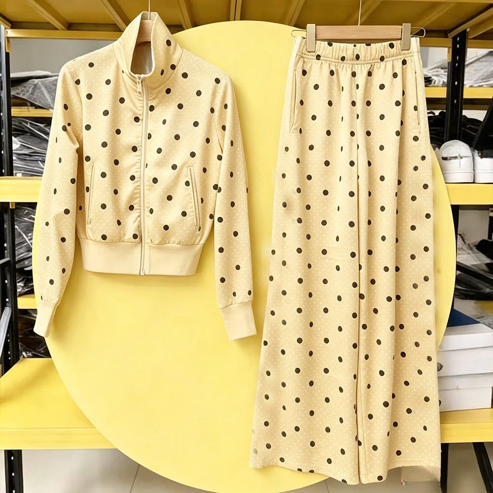 Women's new satin polka-dot zipper long-sleeved coat wide-leg pants suit