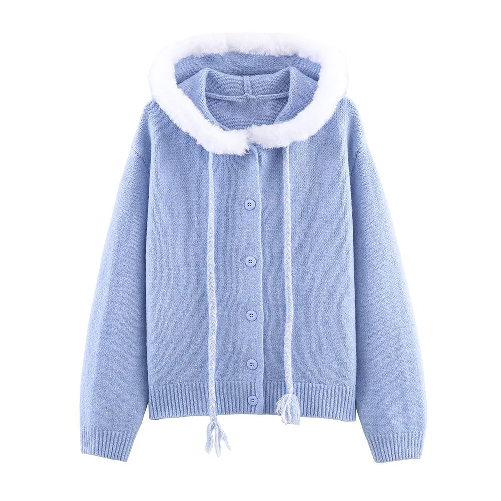 Women's plush hooded woven rope tassel knitted cardigan