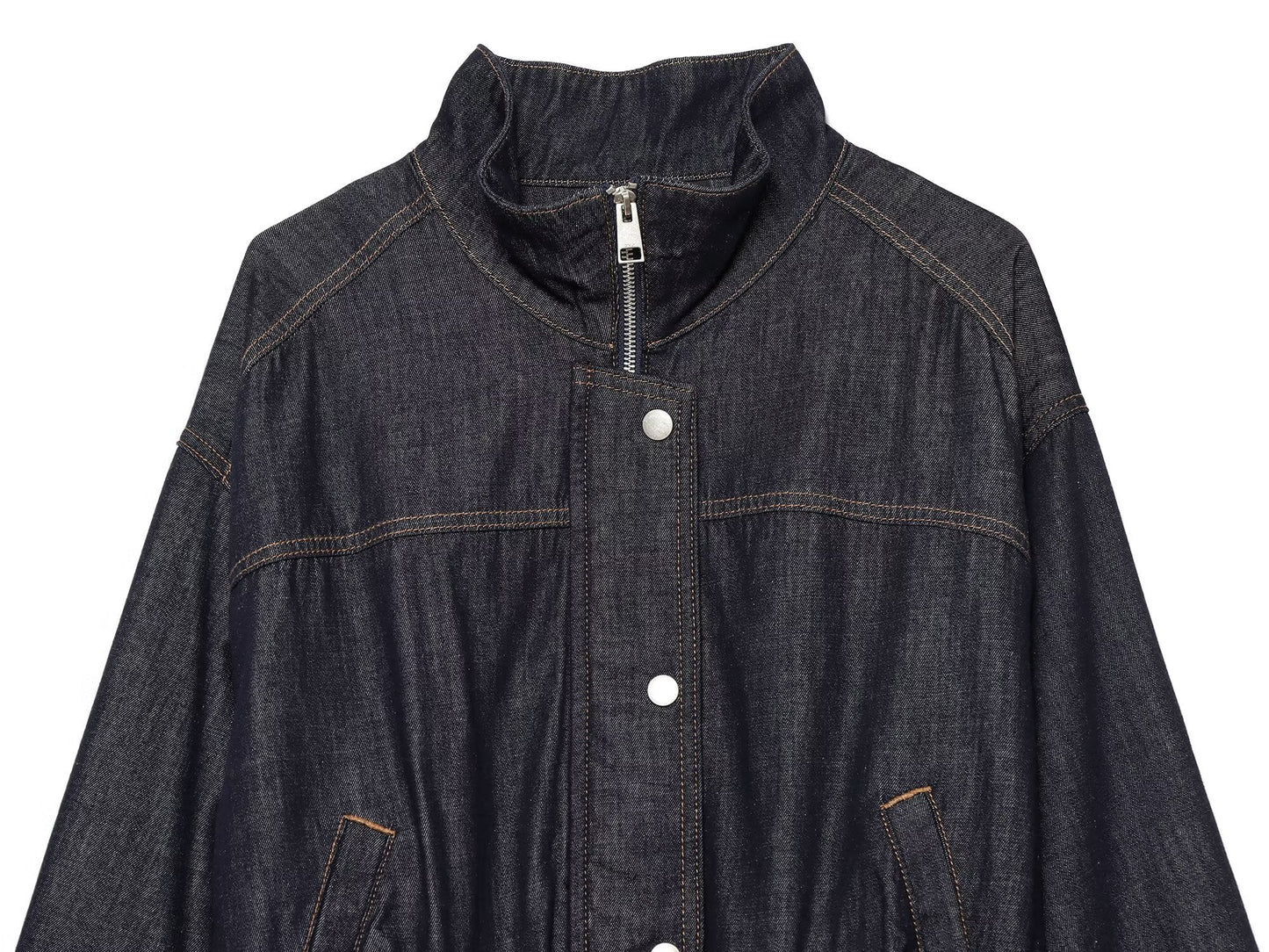 Women's waist belt decoration stand collar denim Coat