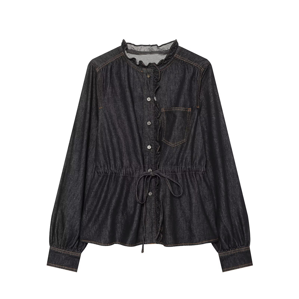 Women's ruffled waistband decorative denim shirt