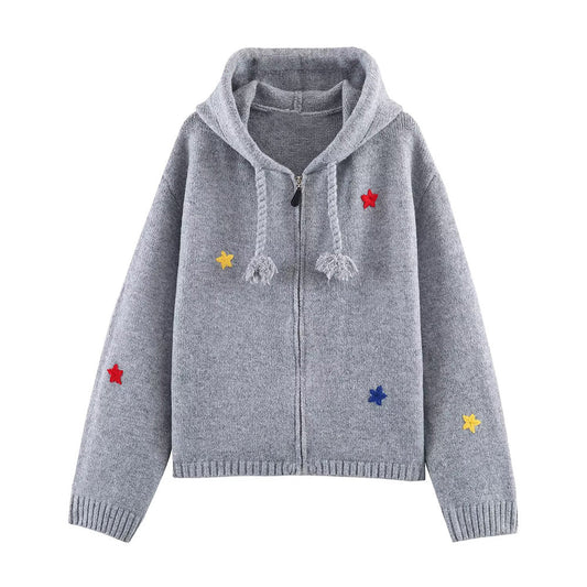 Women's hooded drawstring jacquard knitted cardigan