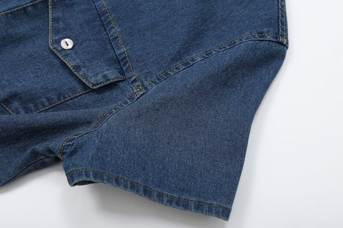 suit Women's 2 pieces short sleeved denim shirt+low waist wide leg jeans