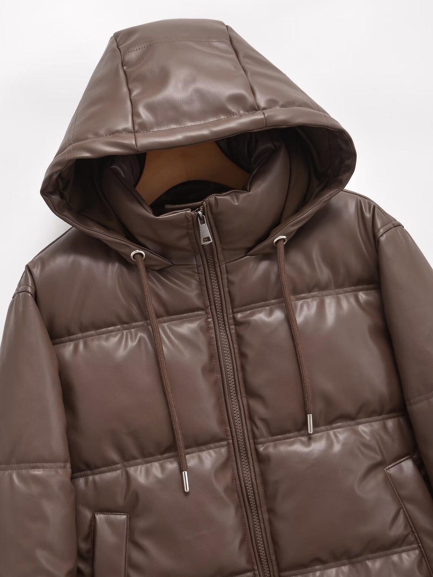 Women's hooded Faux Leather cotton jacket Coat