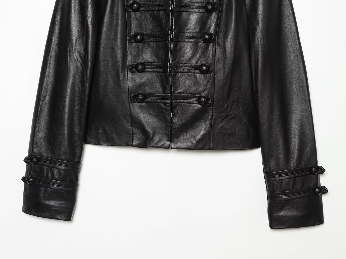 Women's short rope knot buckle imitation leather Coat