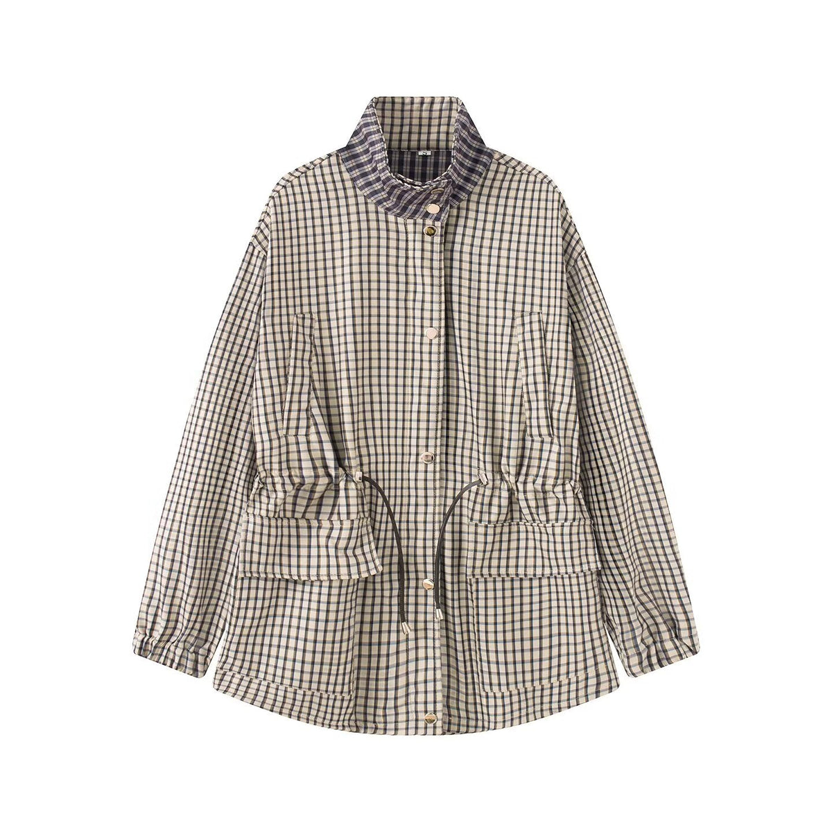 Women's casual waist cinched plaid parka Coat
