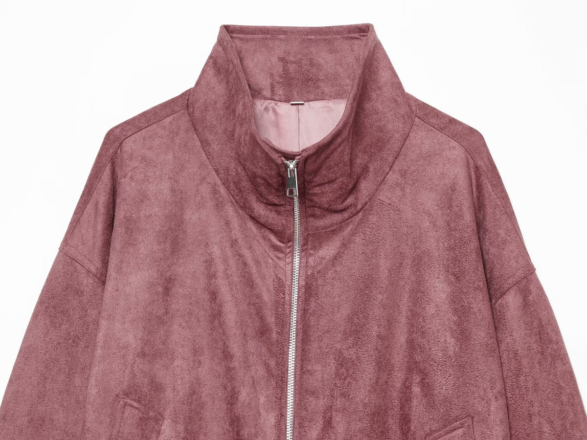Women's standing collar leather effect pilot jacket Coat