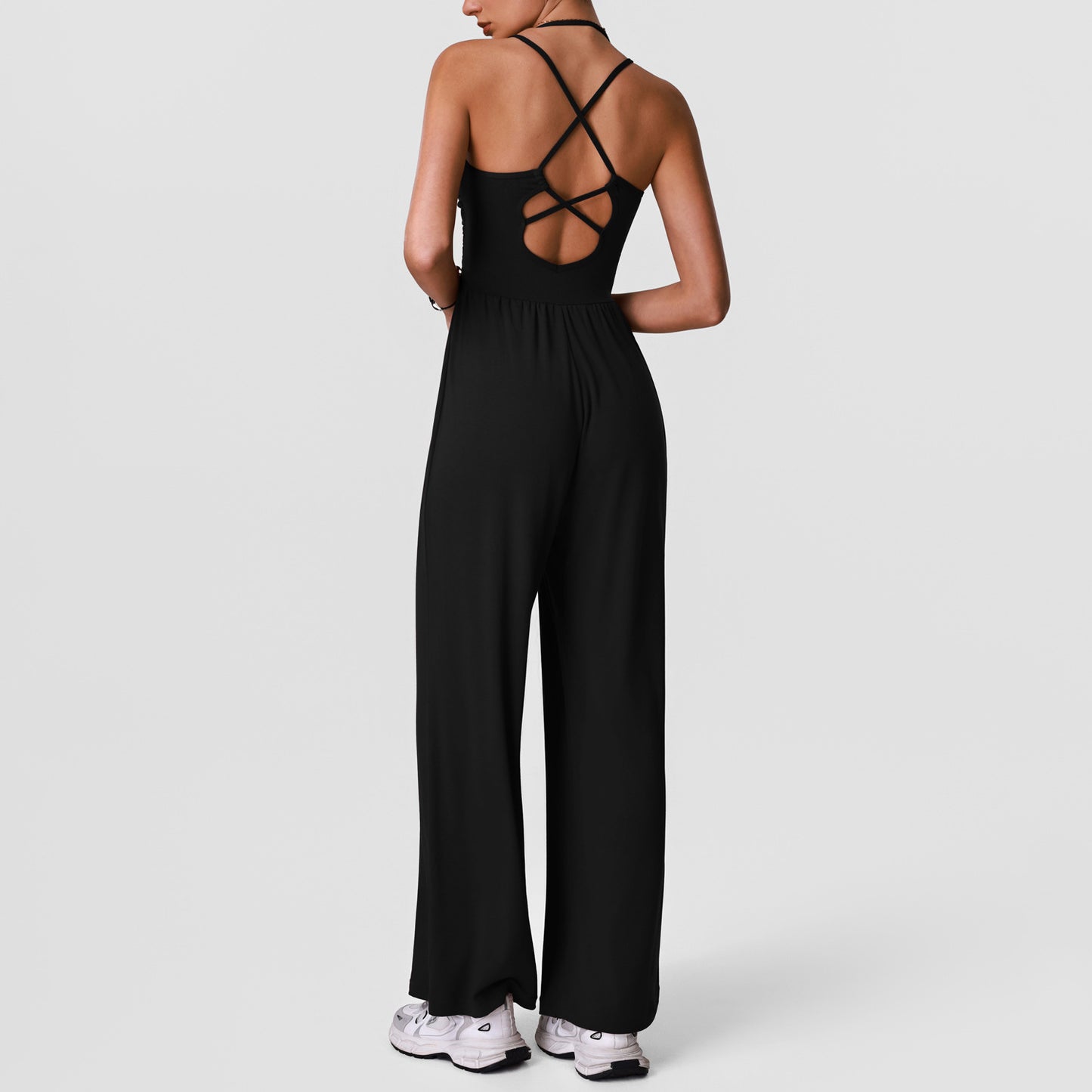 2026 women's new openwork yoga jumpsuit with chest pad and wide leg jumpsuit