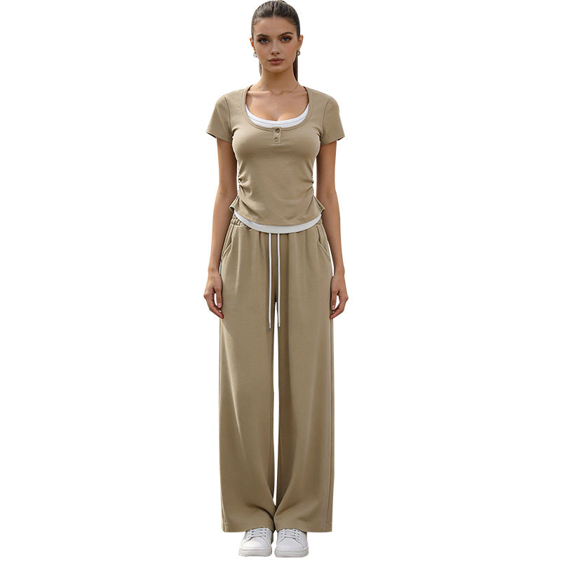 2026 women's new fake two-piece coat wide-leg pants sports two-piece suit