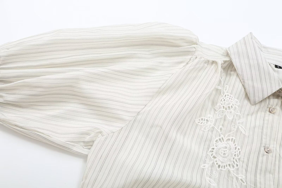 Women's hollowed out embroidered striped shirt