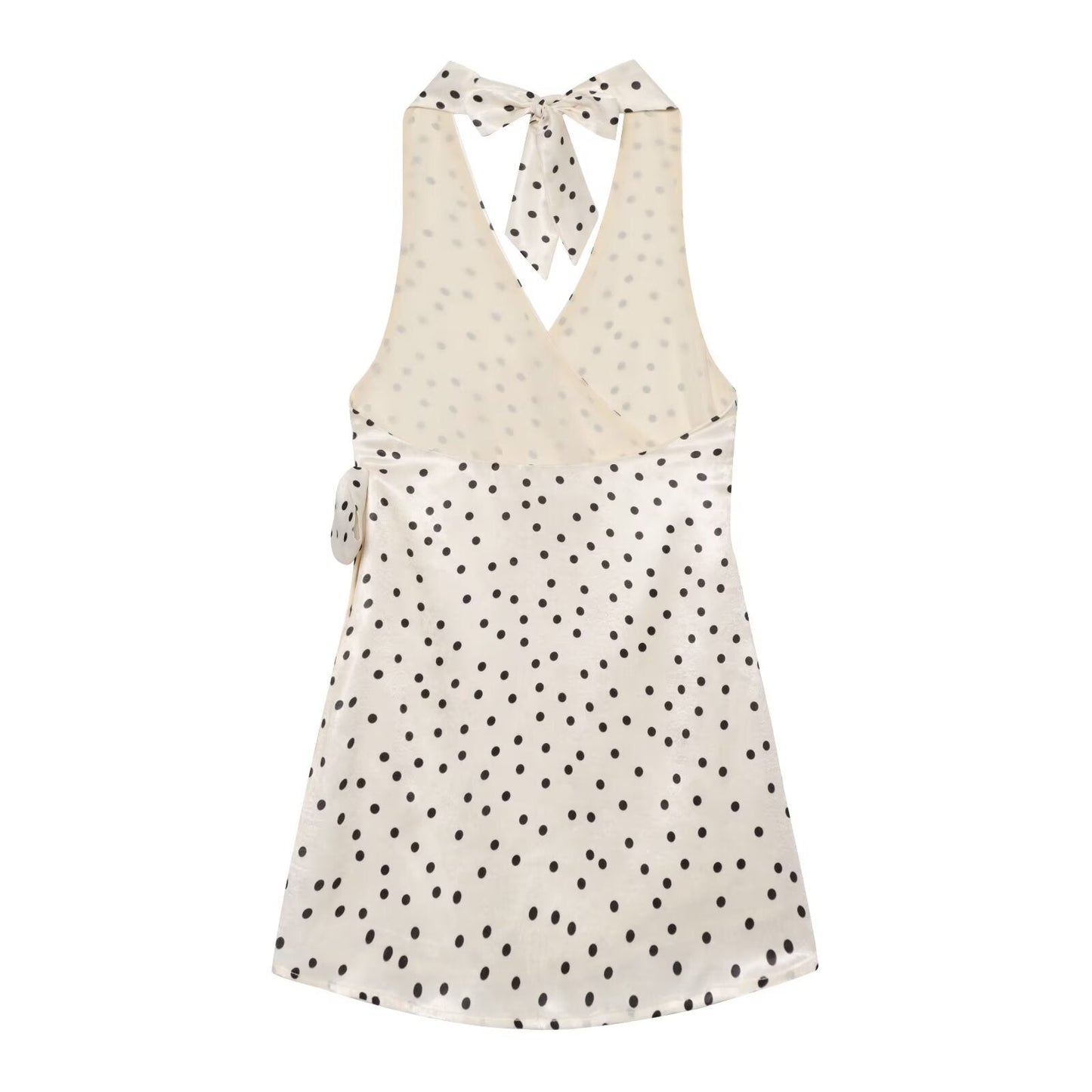 Women's satin textured polka dot halter neck dress