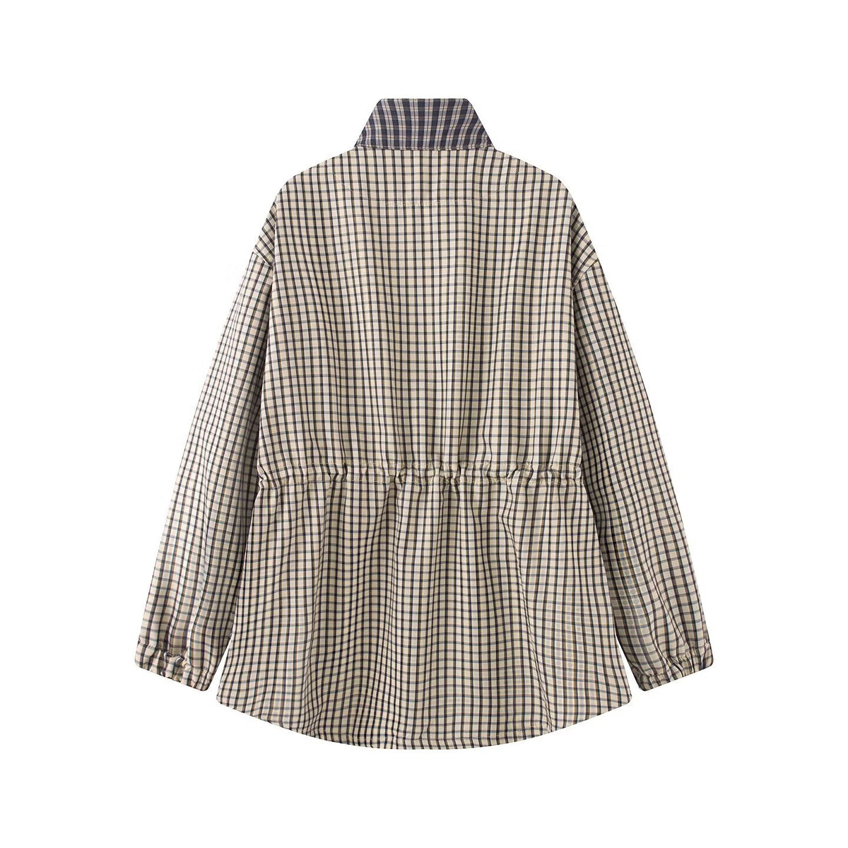 Women's stand collar casual waist cinched plaid Coat