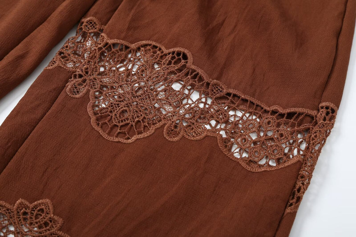 suit Women's 2 pieces hollow embroidery hanging neck top+Pants