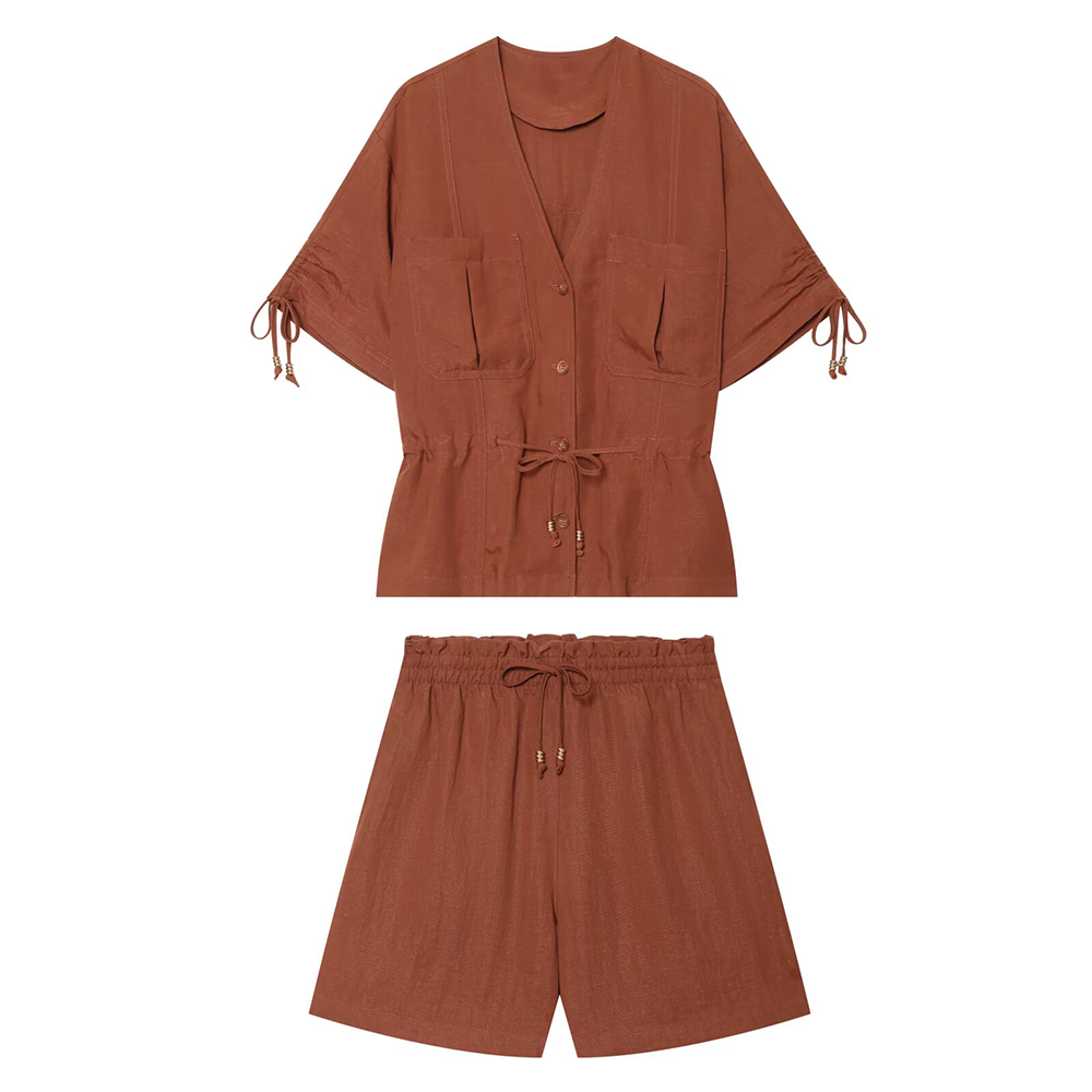 suit Women's 2 pieces beaded decorative short sleeved Coat +shorts