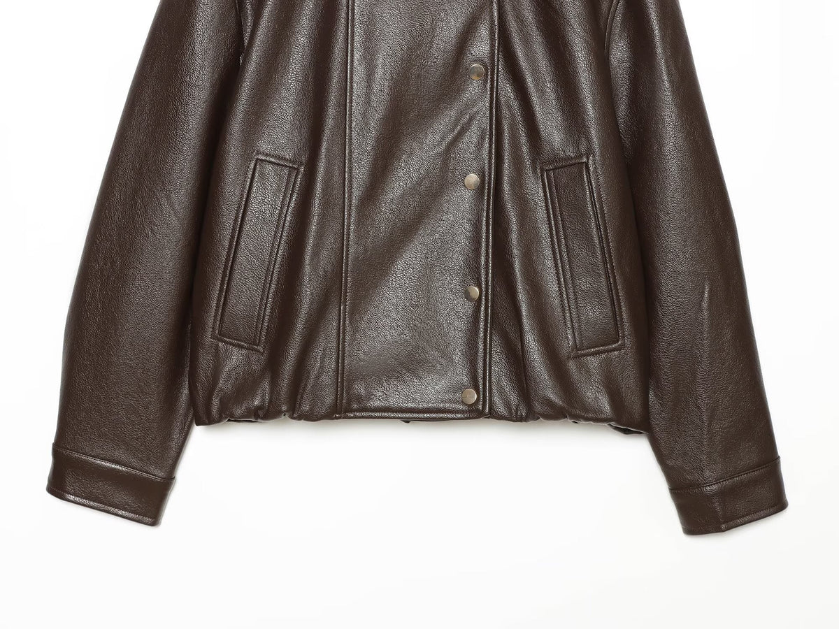 Women's leather effect standing collar pilot jacket Coat