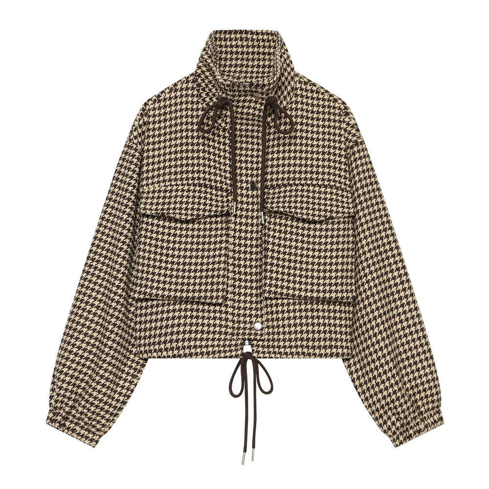 Women's with drawstring retro checkered short Coat