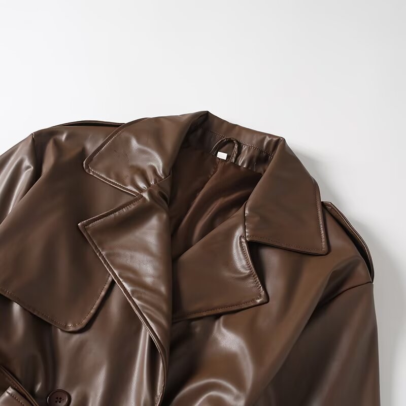 Women's new fashion with Belt long style double breasted faux leather Windbreaker Coat
