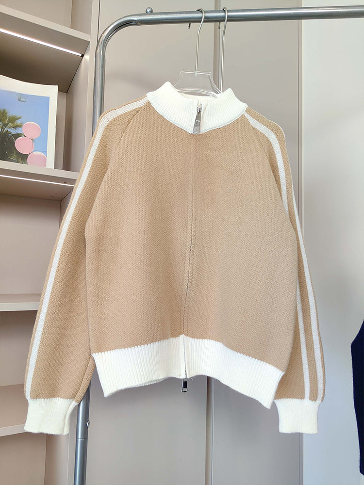 Women's new contrast striped double zipper knit cardigan coat