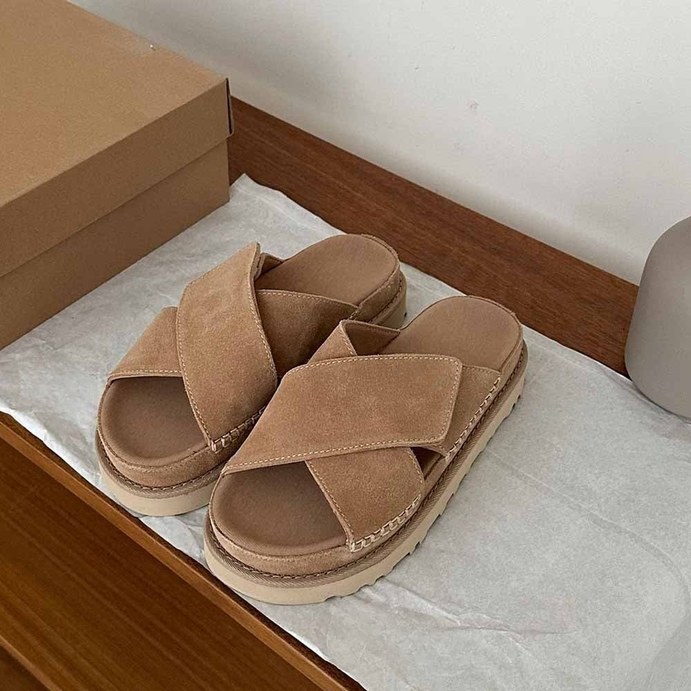 Women's New Fashion Joker Casual Hook and Loop Cross Design Platform Sandals Slippers