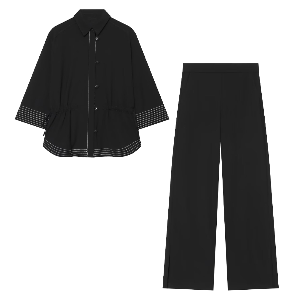 suit Women's 2 pieces contrasting color stitching lapel shirt+pants