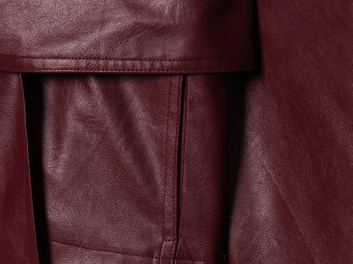 Women's with belt standing collar faux leather Coat