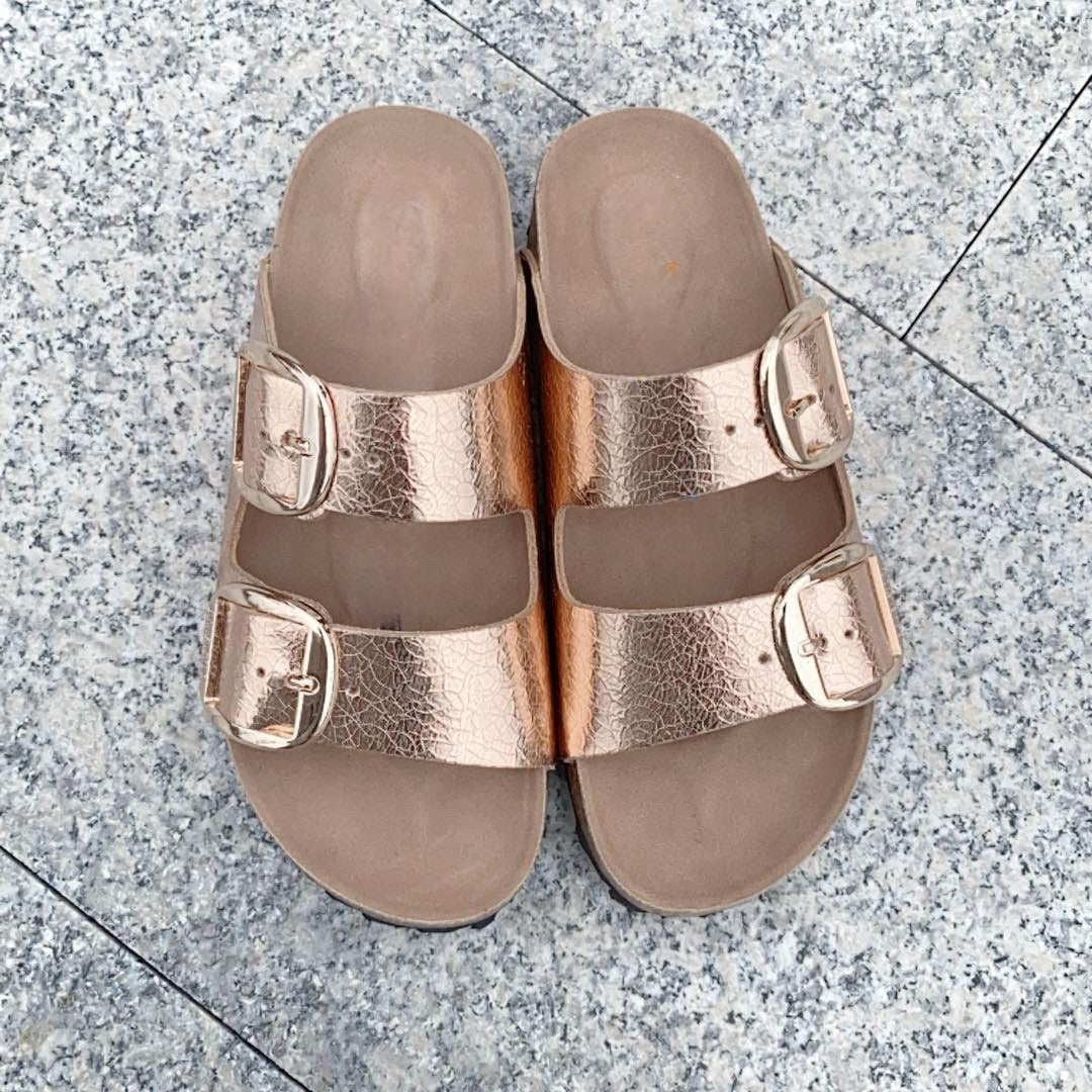 Women's New Fashion Joker Casual Double Buckle Design Thick Soled Slippers