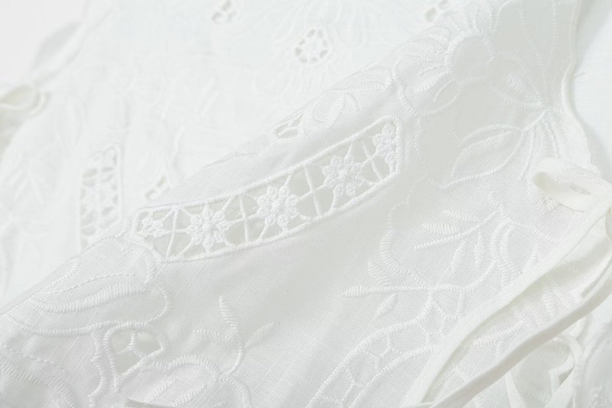 Women's bow decoration hollow embroidery top