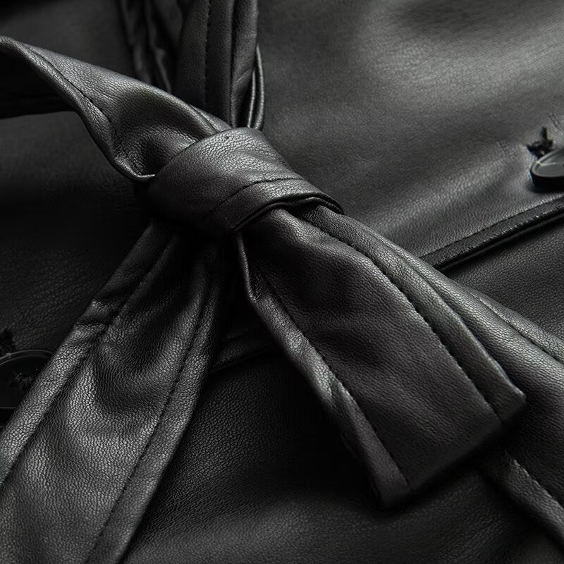Women's with belt faux leather windbreaker Coat