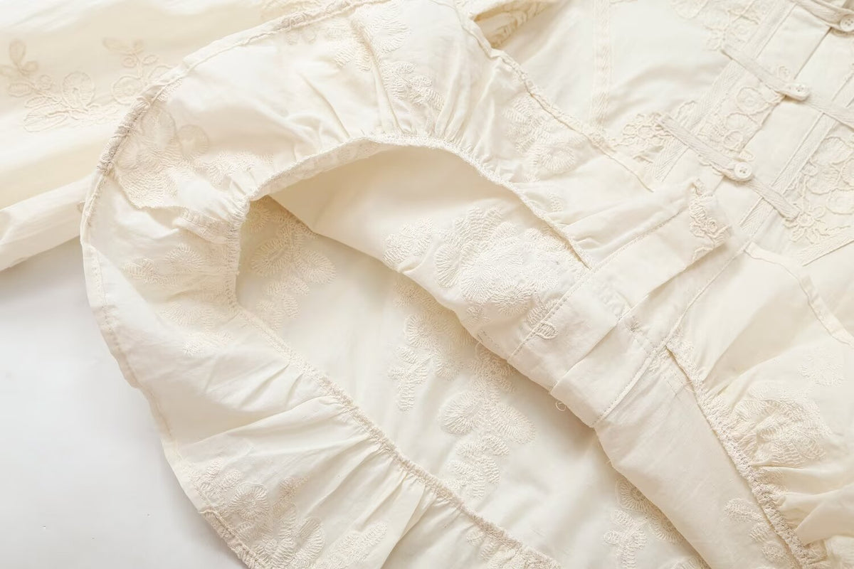 Women's rope knot button pleated embroidered shirt