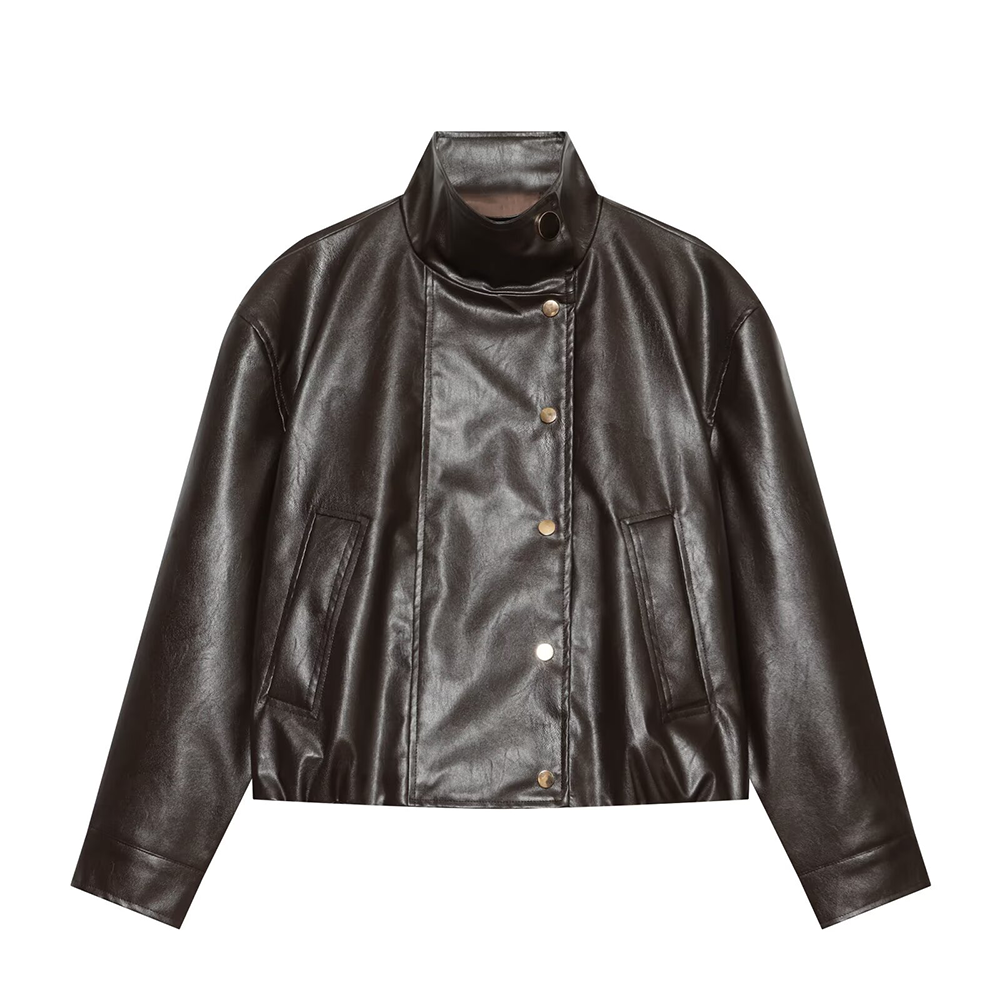 Women's leather effect standing collar pilot jacket Coat