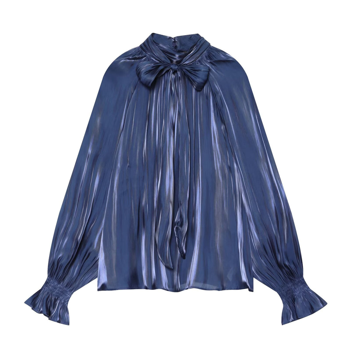 Women's bow decoration stand collar satin textured shirt