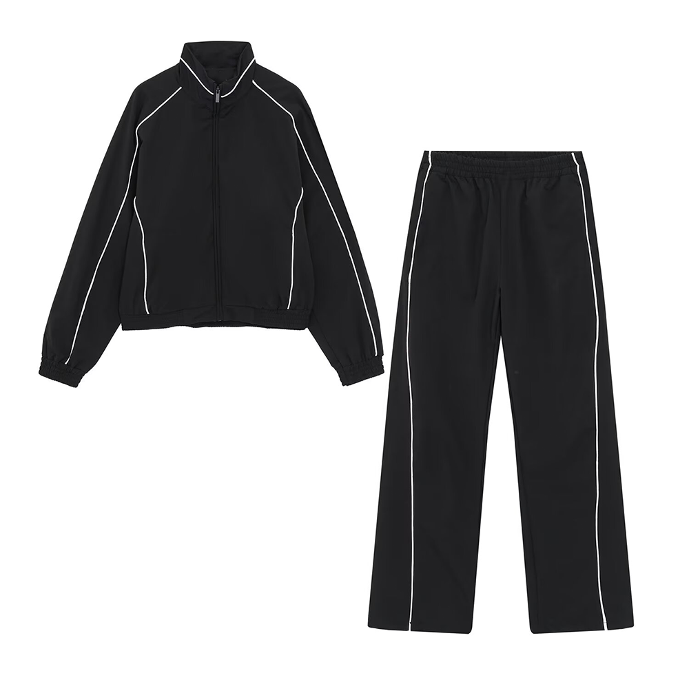 suit Women's 2 pieces contrasting color trimmed stand collar Coat+pants