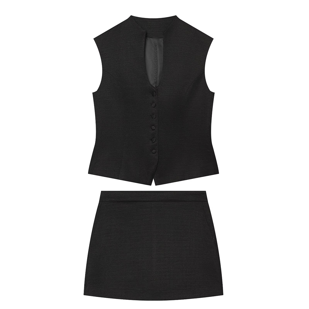 suit Women's 2 pieces button decoration slim black vest+culottes