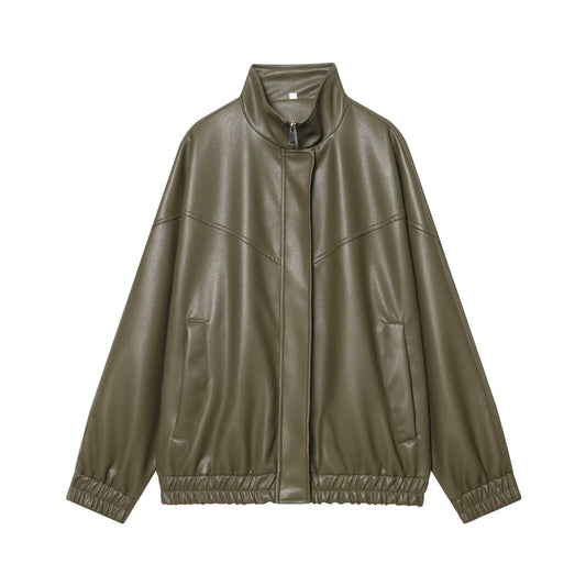 Women's standing collar faux leather pilot jacket Coat