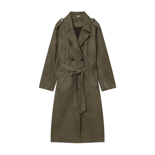 Women's new fashion with Belt long style suede effect windbreaker Coat