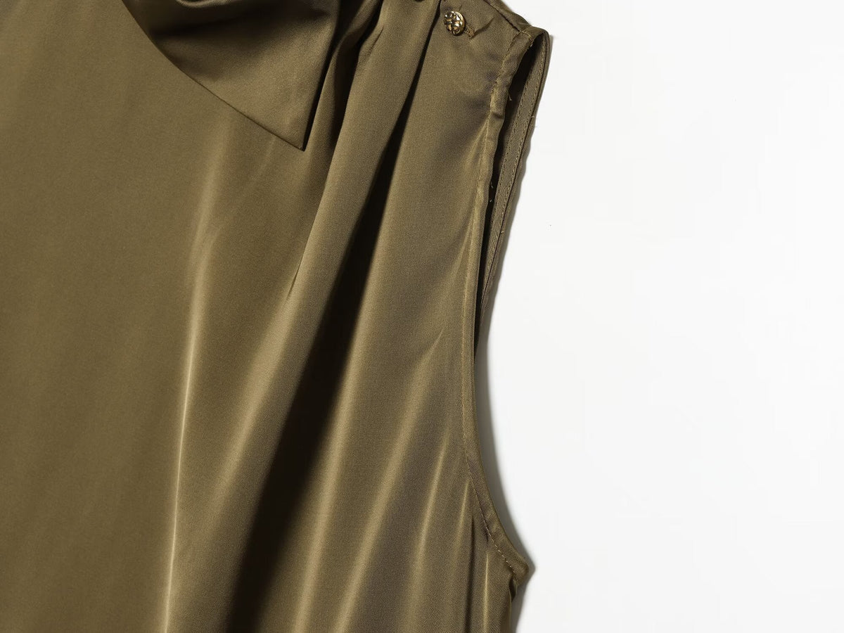 Women's shoulder button decoration satin textured top