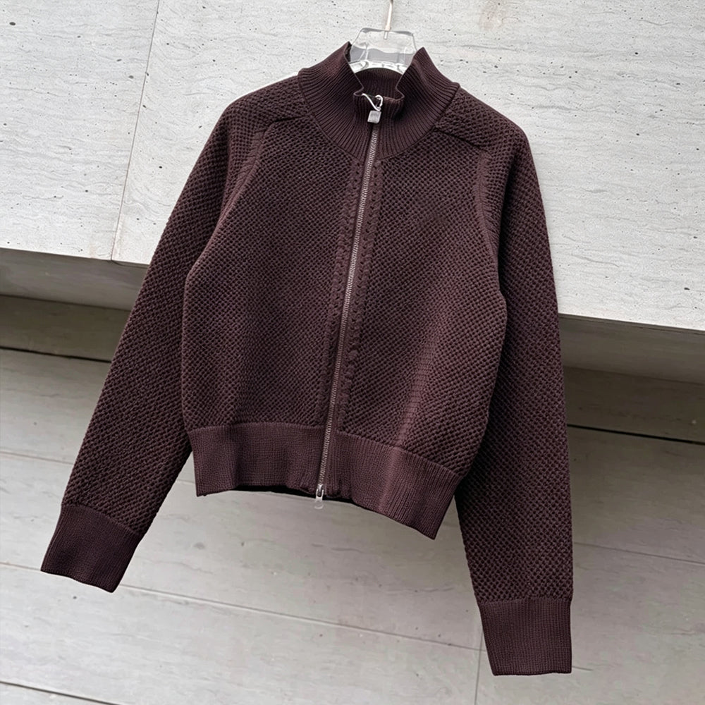 Women's new zipper knitted round neck long sleeve coat