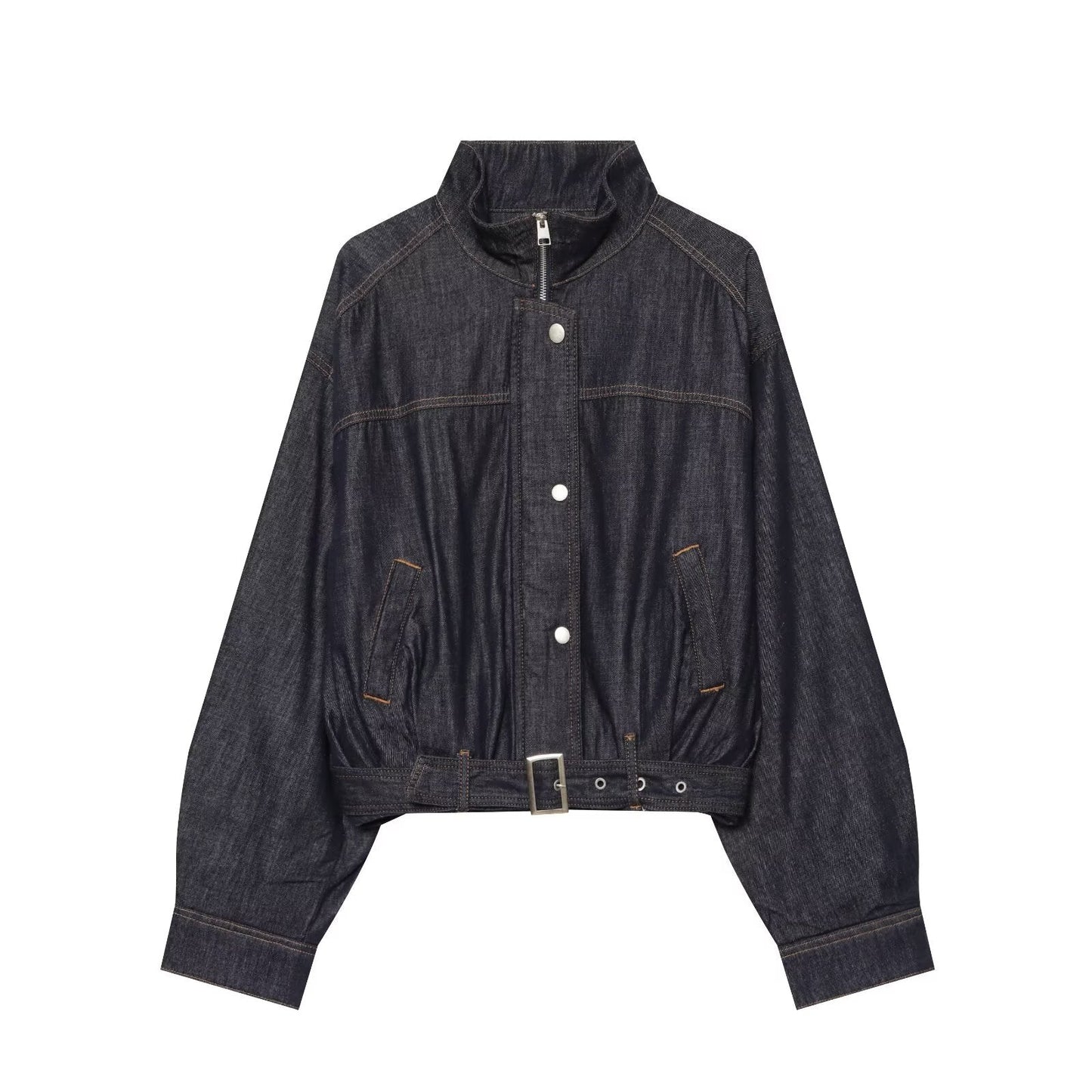 Women's waist belt decoration stand collar denim Coat