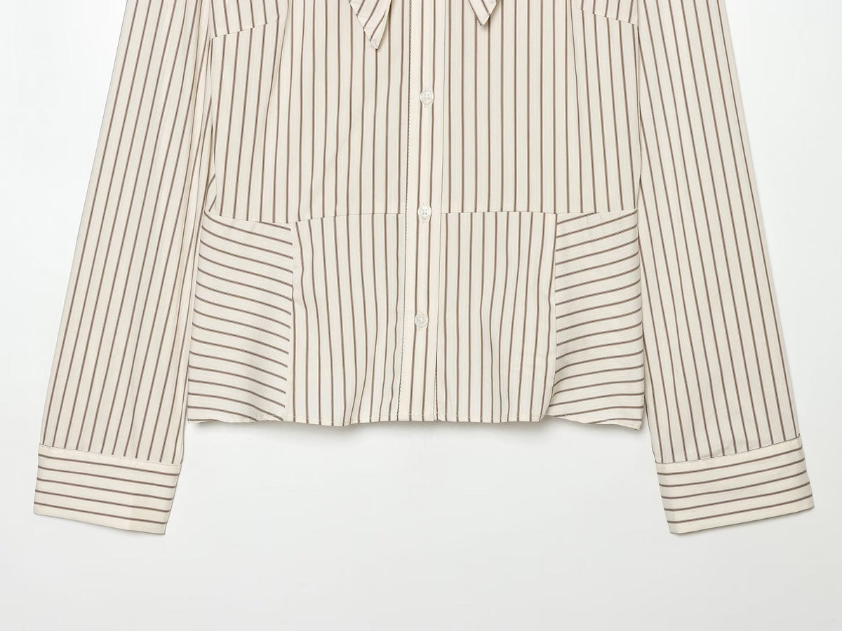 Women's bow decoration stand collar striped shirt