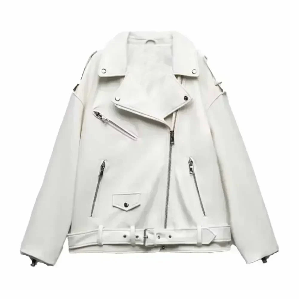 Women 2025 Autumn New Fashion Imitation Leather Loose Jacket Coat Vintage Long Sleeve Zipper Female Outerwear Chic Tops