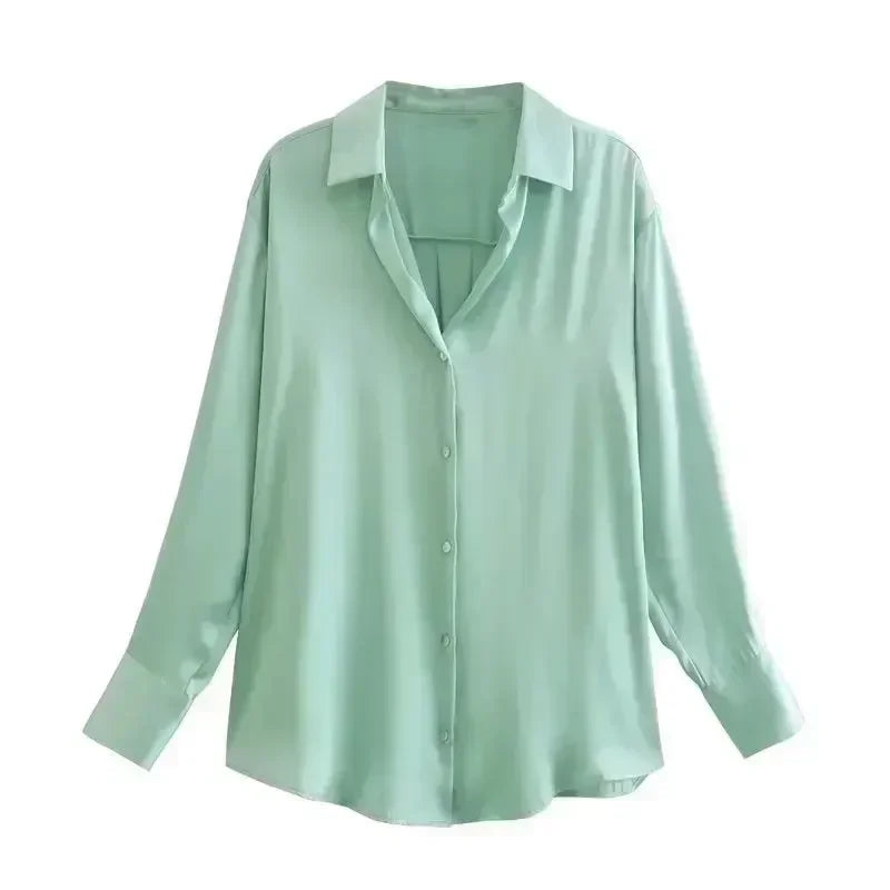 22 Women 2024 New Fashion Flowy Satin Loose Shirts Blouses Vintage Long Sleeve Button-up Female Shirts Chic Tops