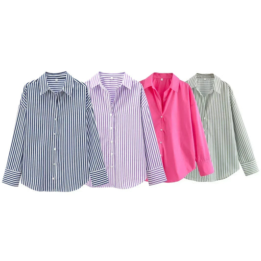 Women's 2024 New Fashion Loose Basic Style Casual Poplin Shirt Retro Long Sleeve Button up Women's Shirt Unique Top