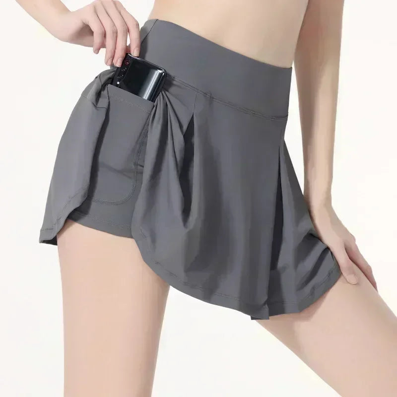 New Summer Sports Skirt Women's Tennis Anti-exposure Dry Pants Skirt Yoga Clothes Running Shorts Solid Color