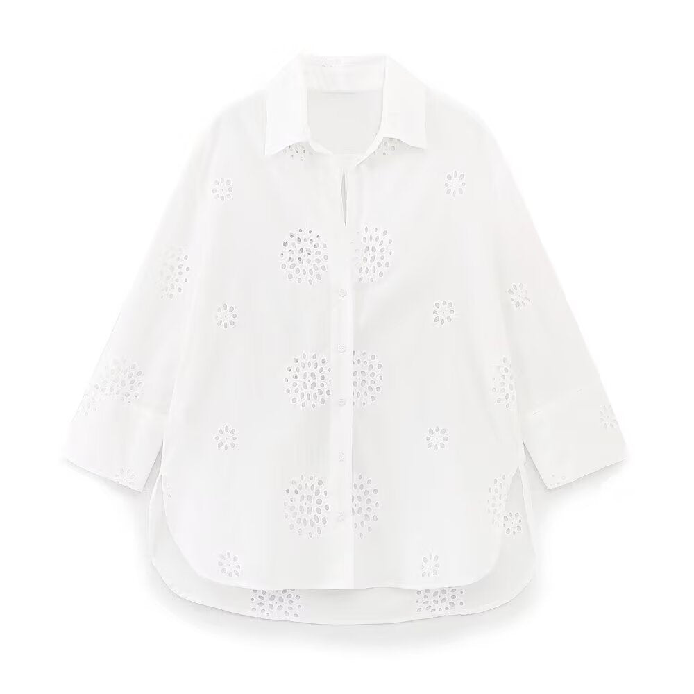 suit Women's 2 pieces loose hollow embroidered shirt+Shorts