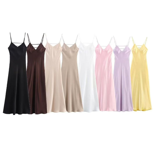 Women's summer chic Fashion multi colored satin texture suspender MIDI dress