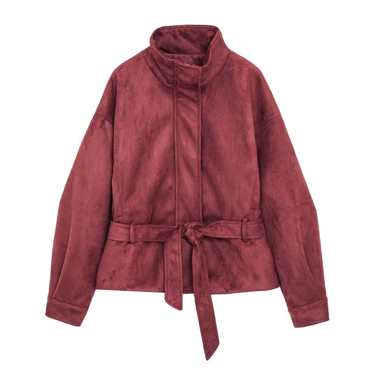 Women's with belt Anti suede leather effect jacket Coat