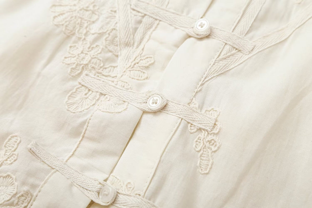 Women's rope knot button pleated embroidered shirt