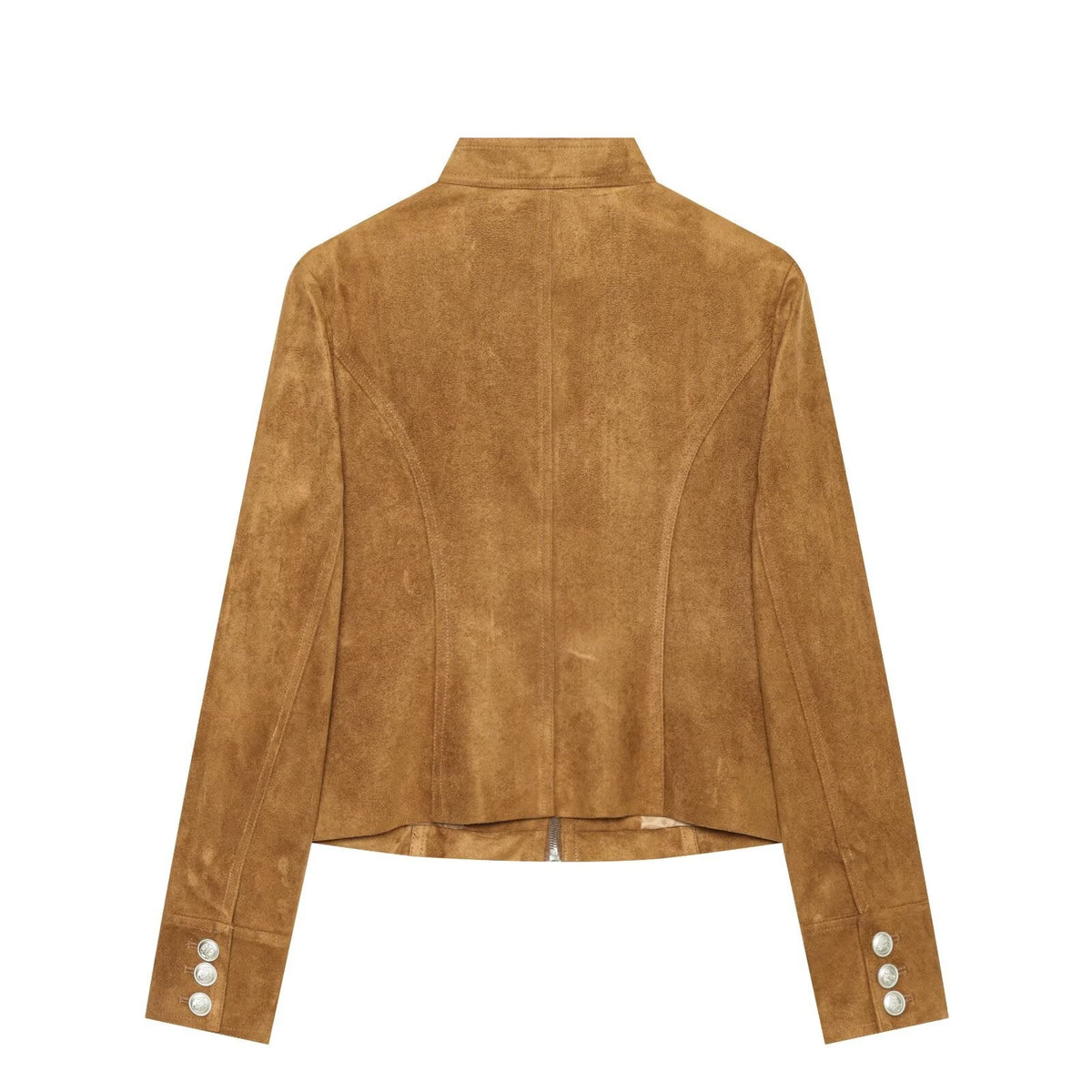 Women's double breasted waist cinched suede jacket