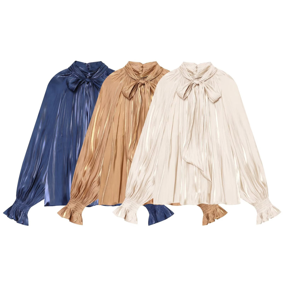 Women's bow decoration stand collar satin textured shirt