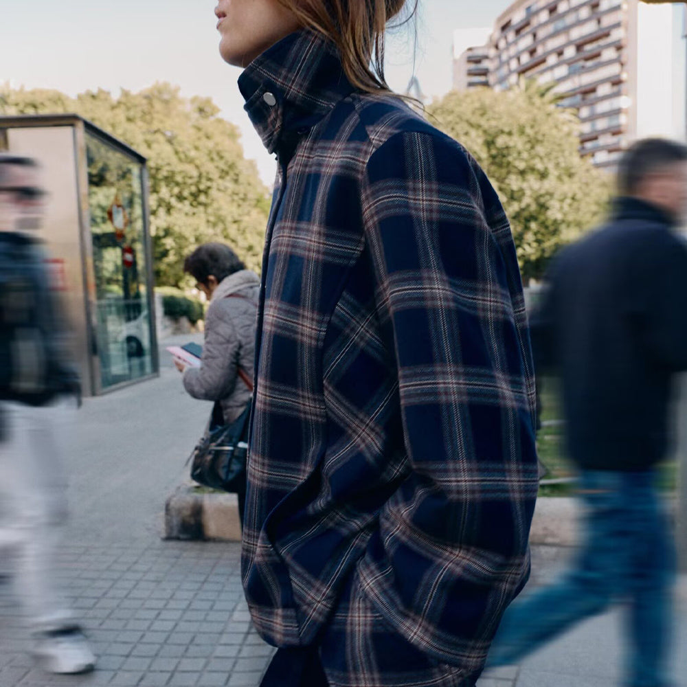 Women's loose checkered hooded cotton jacket Coat
