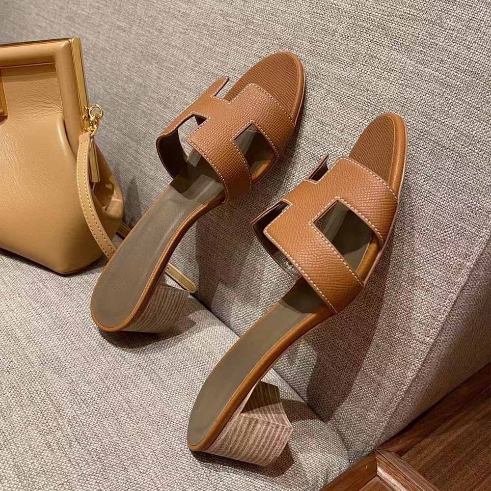 Women's New Fashion Joker Handmade Sewing Leather 5CM Heel High Thick Slippers Dry Heel Shoes